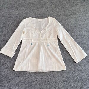 Ann Taylor Loft‎ White Cotton SZ 10 Long Sleeve Boho Style Shirt Bead Accents